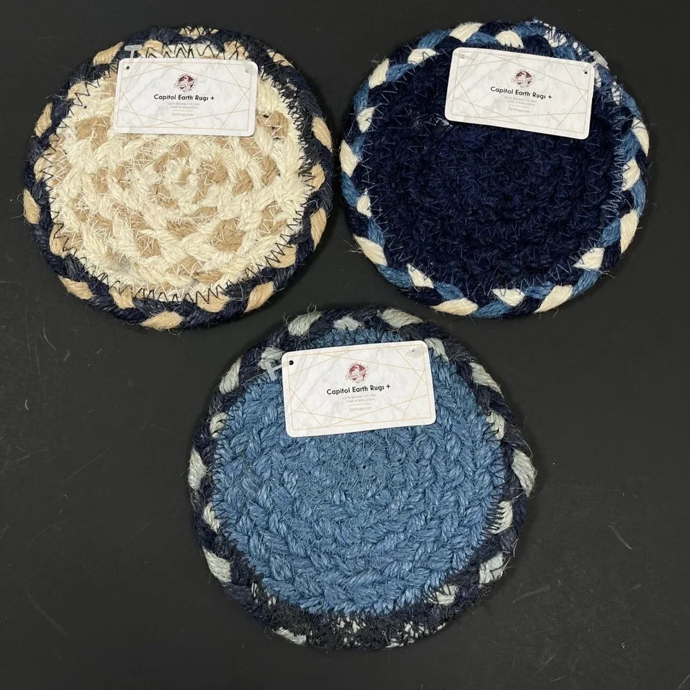 Capitol Earth Rugs Jute Coaster Set Blue Whale Otter Nautical Braided Decor NEW